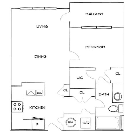Modern floor plan featuring 1 bedroom, open living and dining area, and private balcony for stylish living.