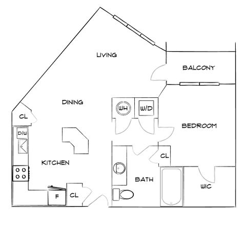 Modern floor plan showcasing a spacious living area with balcony, a stylish kitchen, one bedroom with walk-in closet, and a convenient laundry setup.