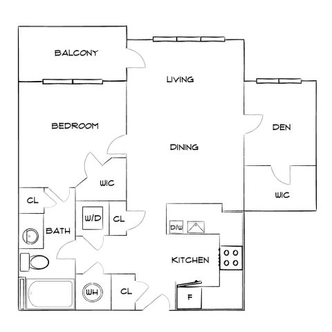 Elegant floor plan featuring one bedroom, a den, open-concept living and dining area, and sunny balcony access with modern kitchen amenities.