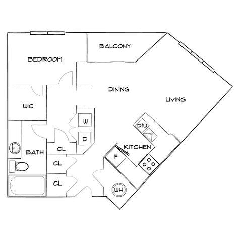 Modern floor plan showcasing a spacious 1-bedroom apartment with a large balcony, open dining and living areas, stylish kitchen, and convenient walk-in closet.