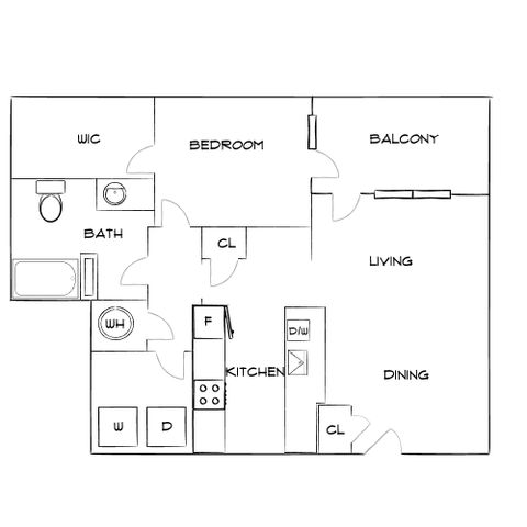 Modern floor plan featuring a bedroom with walk-in closet, an open living and dining area, a sleek kitchen, and a private balcony.
