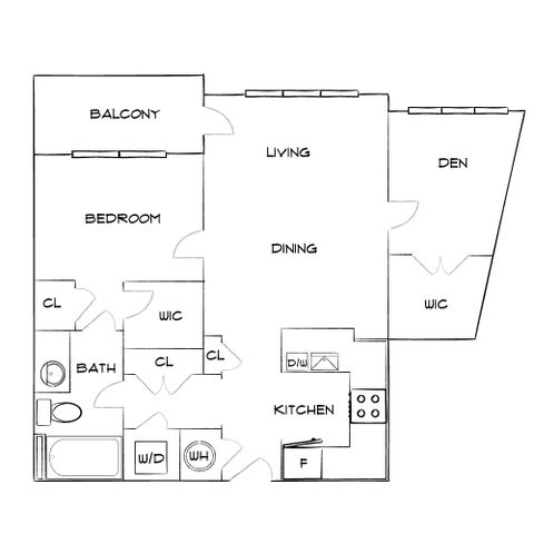 Charming floor plan showcasing a spacious bedroom, versatile den, and an open living-dining area with a private balcony.