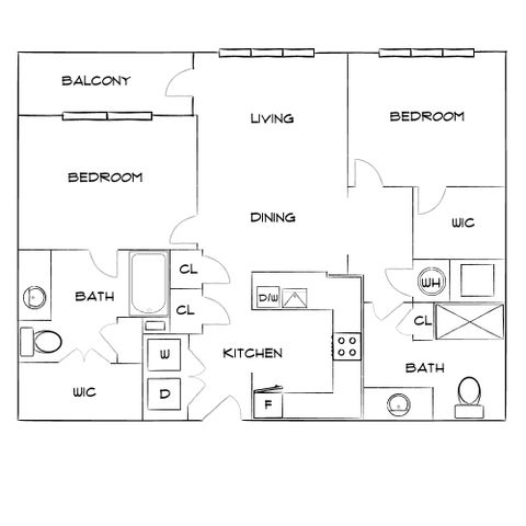 Contemporary floor plan showcasing two bedrooms with walk-in closets, two bathrooms, a modern kitchen, dining area, living room, and a private balcony.