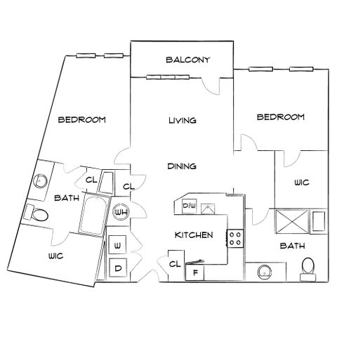 Elegant floor plan showcasing 2 bedrooms, spacious living and dining area, modern kitchen, and balcony access.