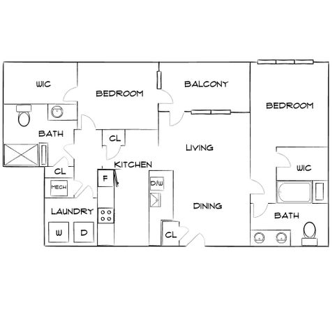 Chic floor plan showcasing 2 bedrooms, 2 baths, open-concept kitchen, and living area with balcony.