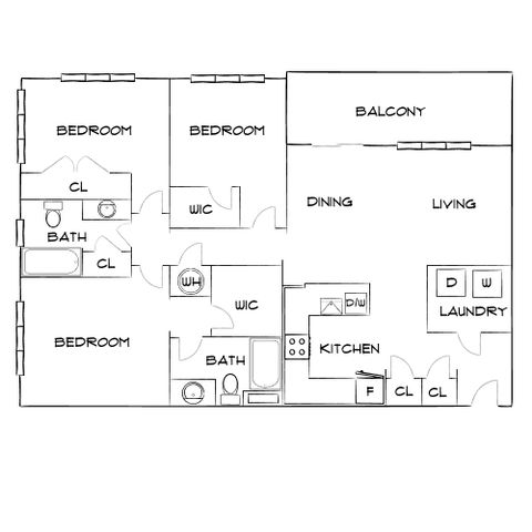 Modern floor plan featuring three spacious bedrooms, two bathrooms, a stylish kitchen, open living and dining area, and a large balcony.