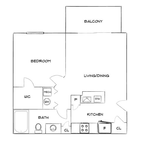 Elegant floor plan showcasing a spacious bedroom, modern kitchen, and combined living/dining area with access to a private balcony.