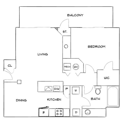 Modern 1-bedroom floor plan with spacious living and dining areas, stylish kitchen, large balcony, and luxurious bathroom.