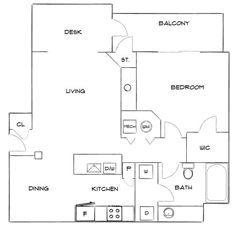 Modern floor plan featuring one bedroom, spacious living room with desk area, kitchen with dining space, and a balcony.