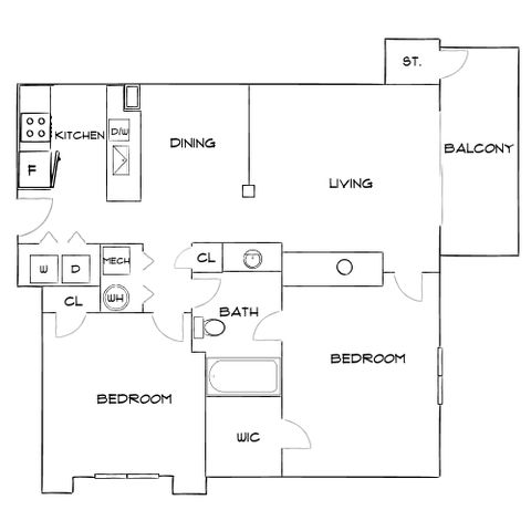 Modern floor plan featuring 2 spacious bedrooms, a cozy living area, and a functional kitchen with dining space, complemented by a balcony and ample storage areas.