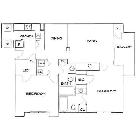 Modern apartment floor plan featuring 2 bedrooms, spacious living and dining areas, a well-equipped kitchen, and a balcony.