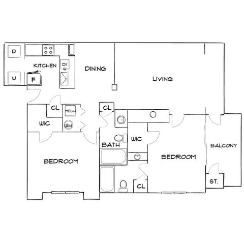 Elegant floor plan showcasing 2 bedrooms, modern kitchen, spacious living and dining area, with balcony access.