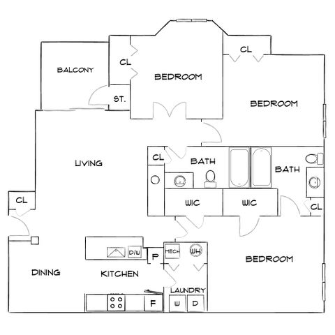 Modern floor plan featuring 3 bedrooms, 2 bathrooms, an open-concept living and dining area, and a spacious kitchen. Includes a private balcony and laundry room.