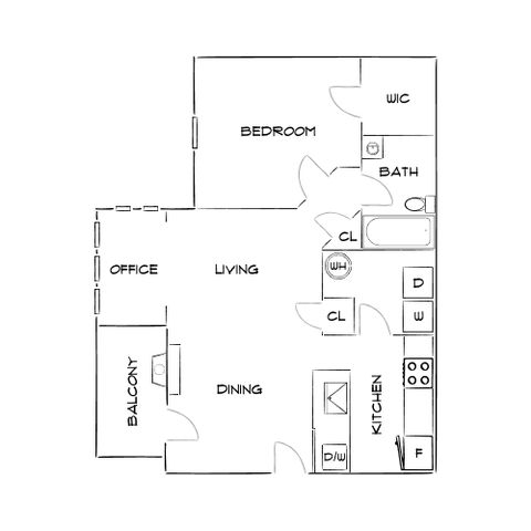 Modern floor plan featuring one bedroom, a spacious kitchen, living and dining area with balcony, and an office space.