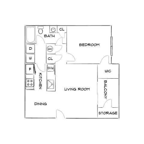 Charming 1-bedroom apartment floor plan with open-concept living and dining area, modern kitchen, and private balcony.