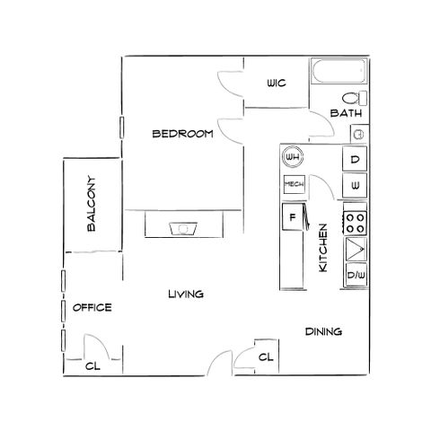 Modern floor plan showcasing 1 bedroom, spacious living area, and a sleek kitchen with dining space. Includes a private balcony and a dedicated office.