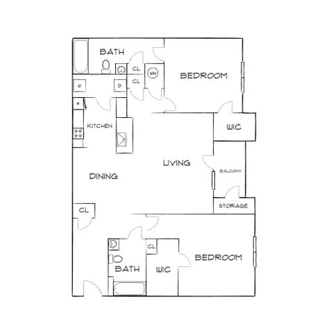 Chic floor plan showcasing 2 bedrooms, 2 baths, and open living-dining area with a modern kitchen and balcony storage.