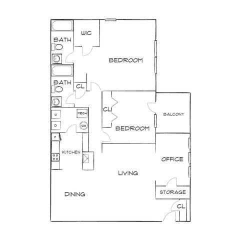 Modern floor plan with 2 bedrooms, dual baths, spacious living area, and dedicated office space with balcony access.