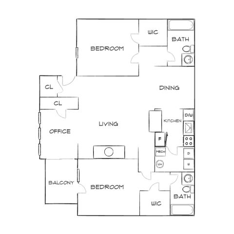 Elegant apartment floor plan featuring 2 bedrooms, an office space, open-concept living and dining areas, and a balcony.