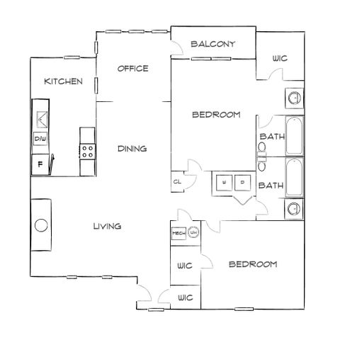 Contemporary floor plan showcasing an open kitchen, office space, dining and living areas, two bedrooms with walk-in closets, two bathrooms, and a balcony.