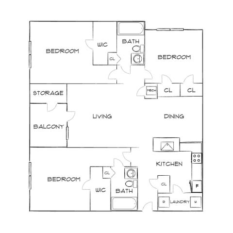 Elegant 2D floor plan showcasing 3 bedrooms, 2 bathrooms, a generous living area, dining room, and modern kitchen with laundry facilities.