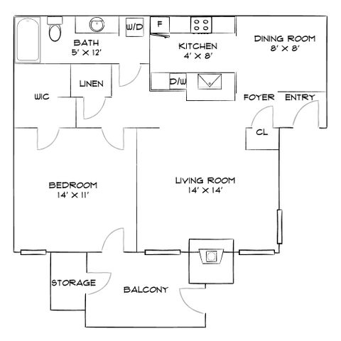 Charming floor plan featuring a spacious bedroom, open-concept living room, and kitchen with dining area, alongside a balcony and convenient storage.