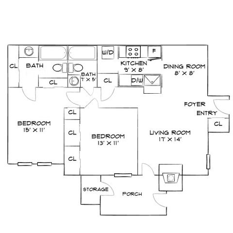 Charming floor plan showcasing 2 spacious bedrooms with closets, 2 modern baths, a cozy kitchen adjacent to an elegant dining area, and a welcoming living room leading to a porch.