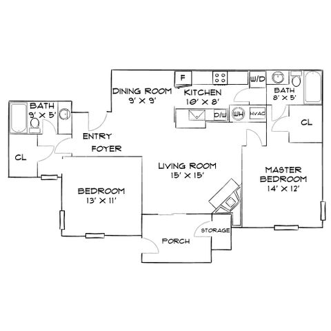 Modern floor plan showcasing a spacious layout with 2 bedrooms, an open living room, well-equipped kitchen, and two bathrooms, perfect for comfortable living.