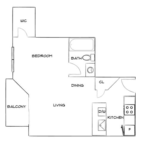 Charming 1-bedroom floor plan with a walk-in closet, open living and dining area, and a cozy kitchen with a balcony.