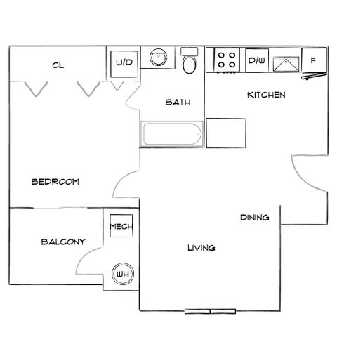 Modern floor plan with 1 bedroom, open living and dining area, balcony, and functional kitchen.