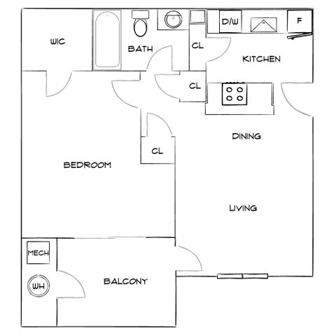 Chic floor plan featuring a spacious bedroom, open dining and living area, modern kitchen, bathroom, and inviting balcony.