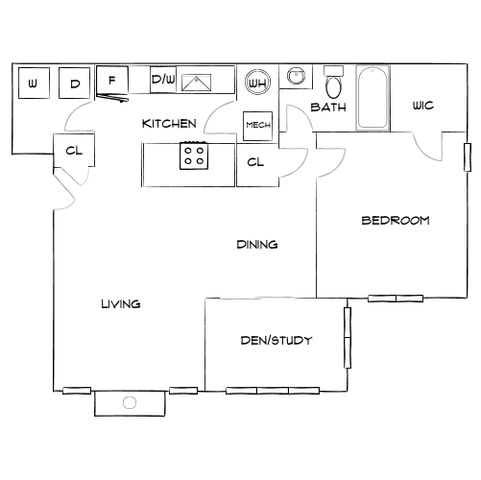 Modern floor plan featuring a bedroom, open living and dining area, spacious kitchen, and versatile den/study space.