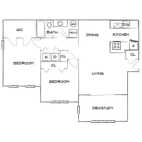 Chic apartment floor plan showcasing 2 bedrooms, a dedicated den or study, and open living-dining area with modern kitchen.