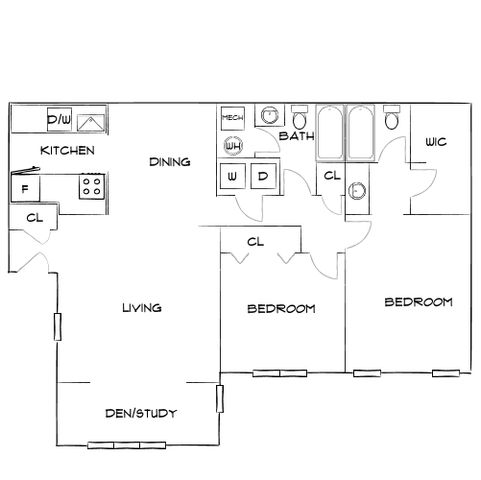 Modern floor plan showcasing a stylish layout with two bedrooms, a versatile den/study, spacious living and dining areas, and a well-equipped kitchen.