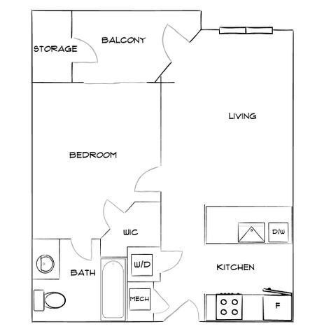 Modern floor plan featuring 1 bedroom, open kitchen, spacious living area, and private balcony with storage.