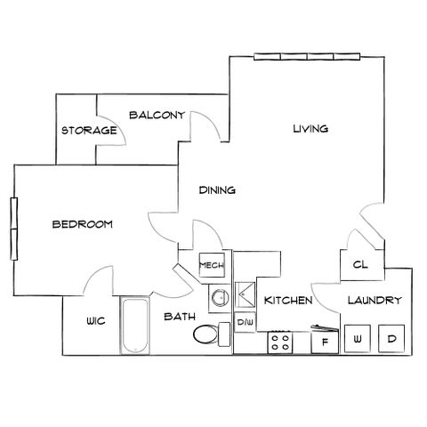 Modern floor plan showcasing 1 bedroom with walk-in closet, spacious living and dining area, contemporary kitchen, convenient laundry, ample storage, and a private balcony.