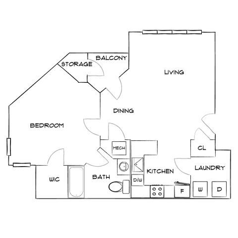Elegant 1-bedroom floor plan featuring open living area, dining space, and modern kitchen, complete with a balcony and convenient laundry room.