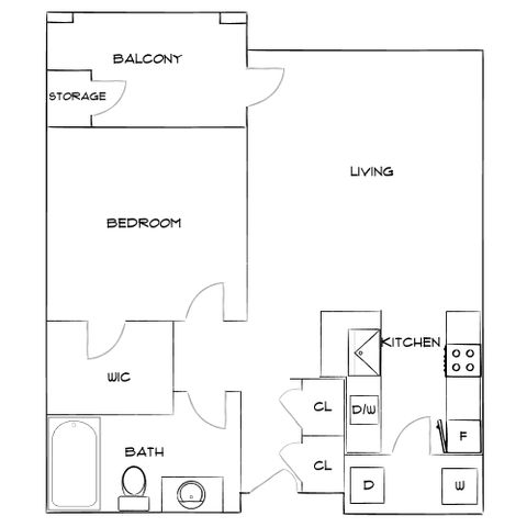 Chic floor plan showcasing a one-bedroom apartment with a spacious living area, modern kitchen, and private balcony. Includes ample storage and walk-in closet.