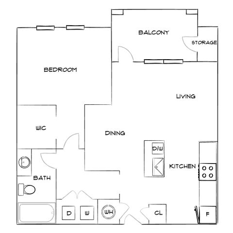 Sleek floor plan showcasing a single bedroom with walk-in closet, open kitchen with island, dining and living area leading to balcony, plus modern bathroom and convenient laundry space.