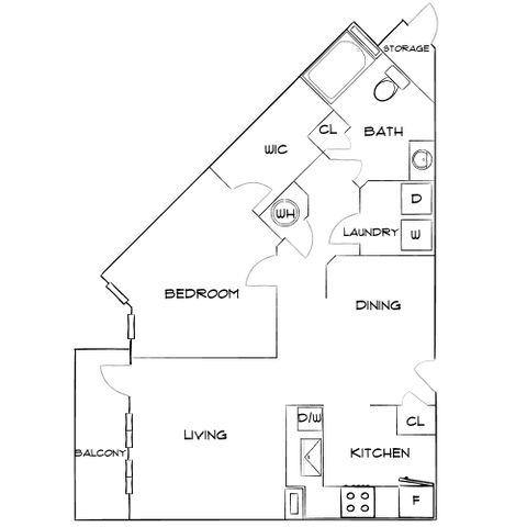 Contemporary apartment floor plan featuring a spacious bedroom with walk-in closet, open living and dining areas, modern kitchen, and convenient laundry space, complete with a cozy balcony.