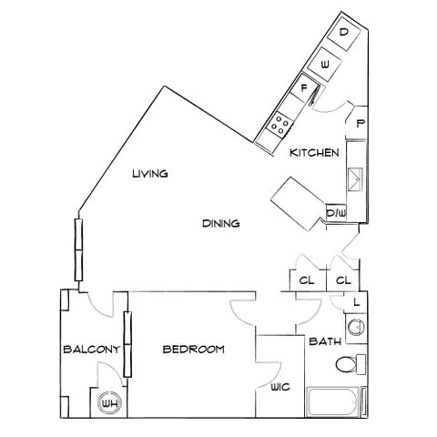 Chic 1-bedroom apartment floor plan with open living and dining area, modern kitchen, and private balcony.