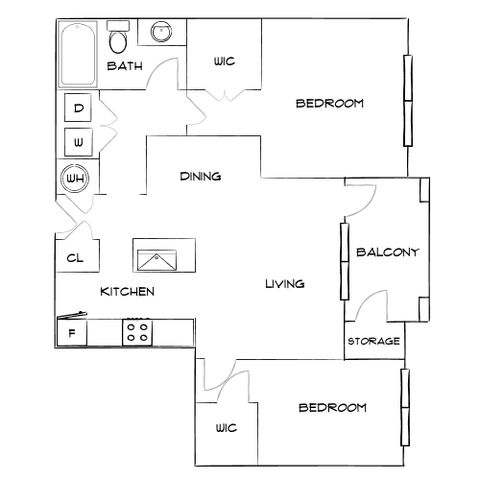 Modern floor plan showcasing 2 spacious bedrooms, bright living area with balcony, and a sleek kitchen with dining space.