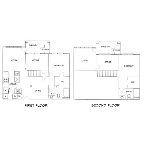 Elegant two-story floor plan with dual balconies, featuring a spacious open-concept living area on the first floor and cozy bedrooms with walk-in closets on the second floor.