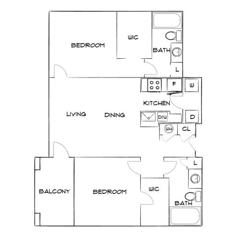Inviting floor plan with two bedrooms, two bathrooms, open living and dining area, modern kitchen, and private balcony.