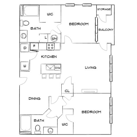 Contemporary floor plan with two bedrooms, modern kitchen, and spacious living area with balcony access.