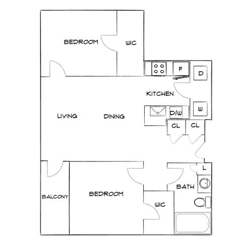 Charming floor plan with 2 bedrooms, open living and dining area, equipped kitchen, and private balcony access.