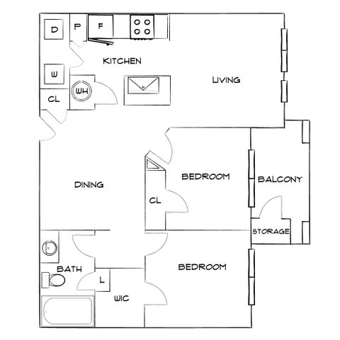 Charming floor plan showcasing 2 bedrooms, expansive living and dining areas, a modern kitchen, and a cozy balcony.