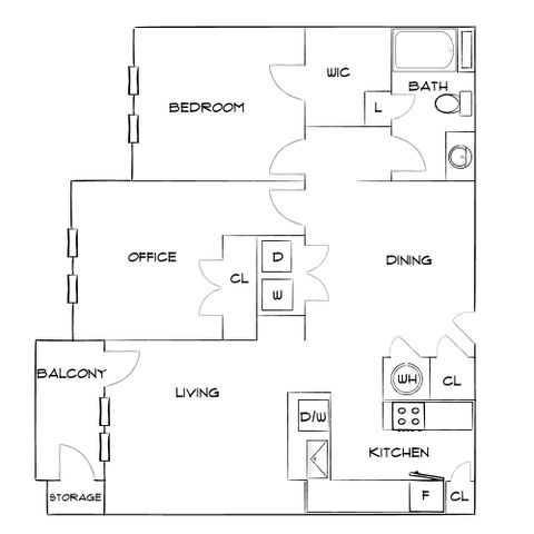Inviting floor plan showcasing a versatile 1-bedroom, spacious office, open living and dining area with a balcony, and a modern kitchen complete with appliances.