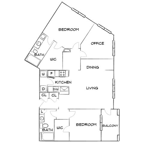 Modern floor plan showcasing two bedrooms, a sunny office, spacious dining and living areas, and a balcony.