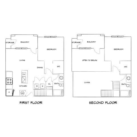 Chic two-story floor plan featuring two bedrooms, two balconies, and open-concept living areas with stylish kitchen and dining on the first floor.